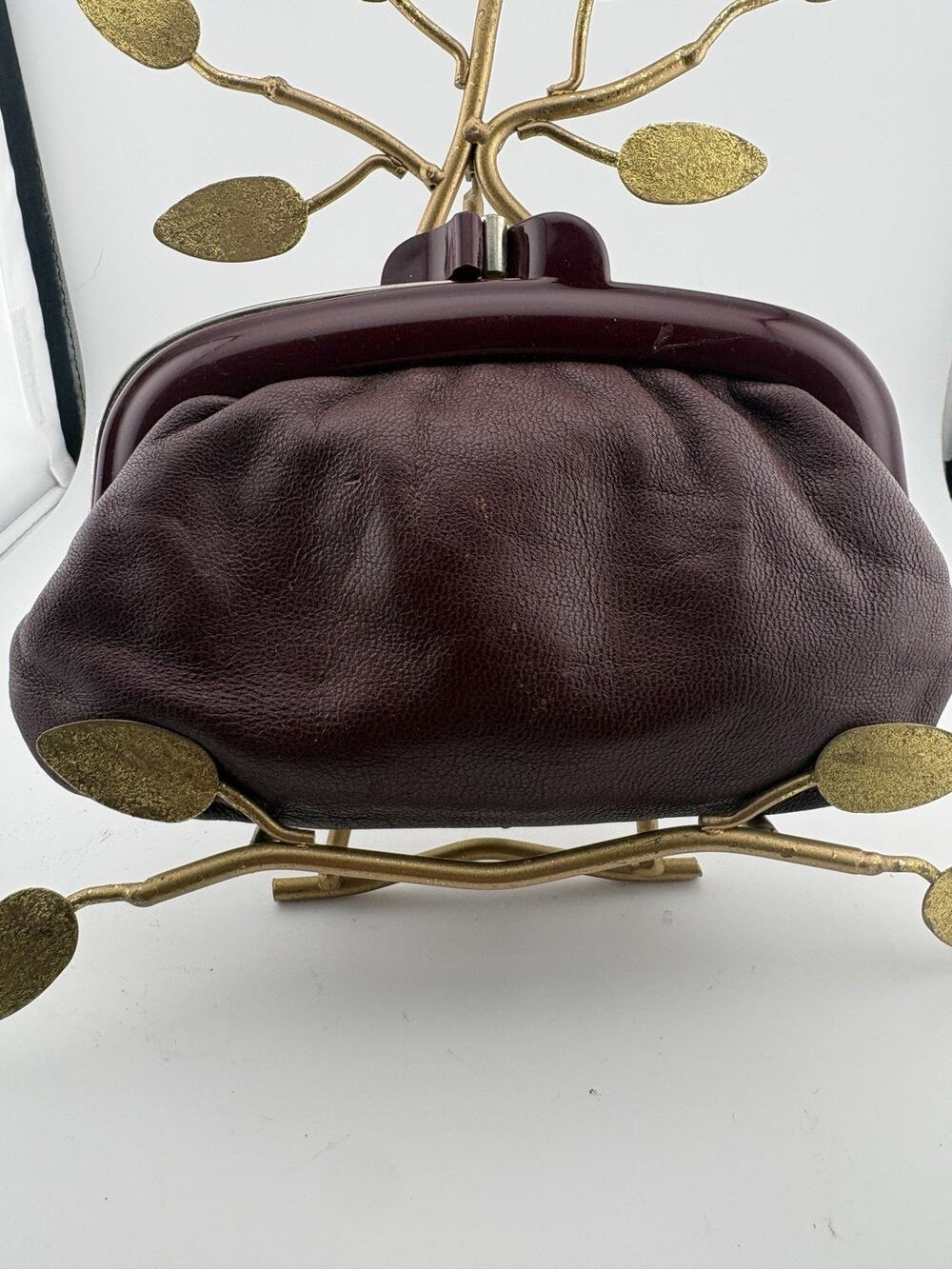 Vintage Leather Clutch Plastic Frame Made in Italy 1970s Wine Maroon Purple Bag